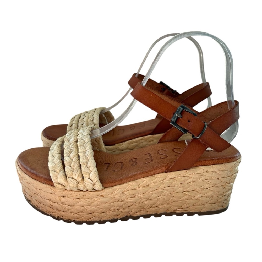 MUSSE & CLOUD Tino Leather + Natural Straw Wedge Sandals 39
